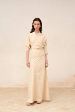 Amelia, long beige linen and silk dress