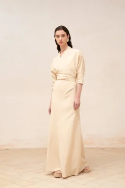 Amelia, long beige linen and silk dress