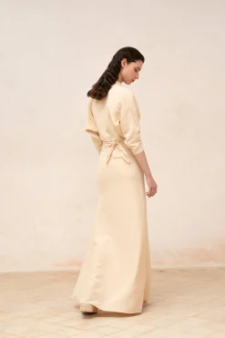 Amelia, long beige linen and silk dress