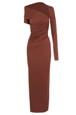 Babar, asymmetrical dress in garnet stretch cupro