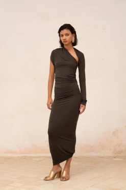 Babar, asymmetrical dress in graphite stretch cupro
