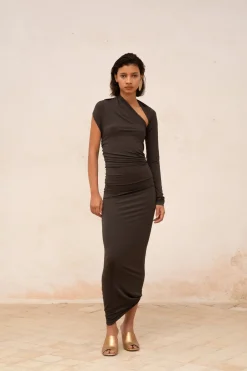 Babar, asymmetrical dress in graphite stretch cupro