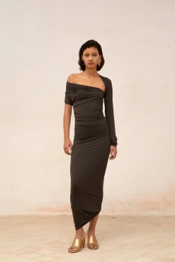 Babar, asymmetrical dress in graphite stretch cupro