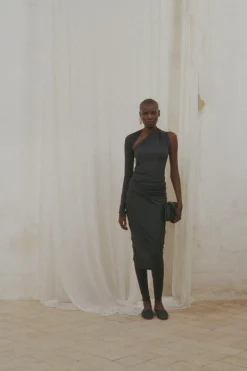 Babar, asymmetrical dress in graphite stretch cupro