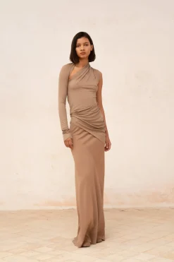 Babar, asymmetrical top in cocoa stretch cupro