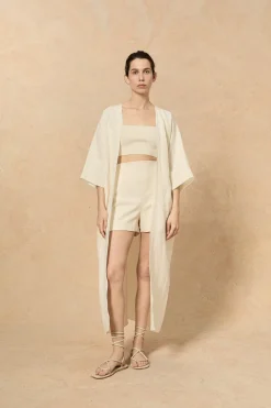 Bambina, long coat in ivory linen