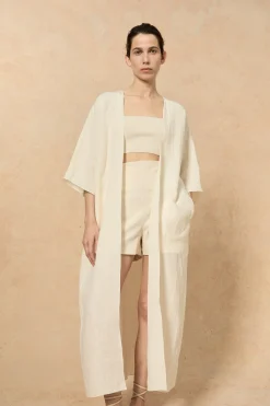 Bambina, long coat in ivory linen