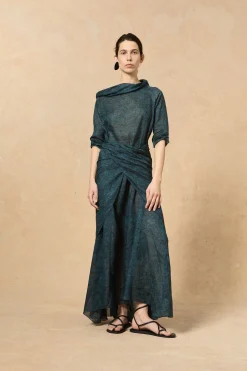 Blues, Tokyo print dress in ramie