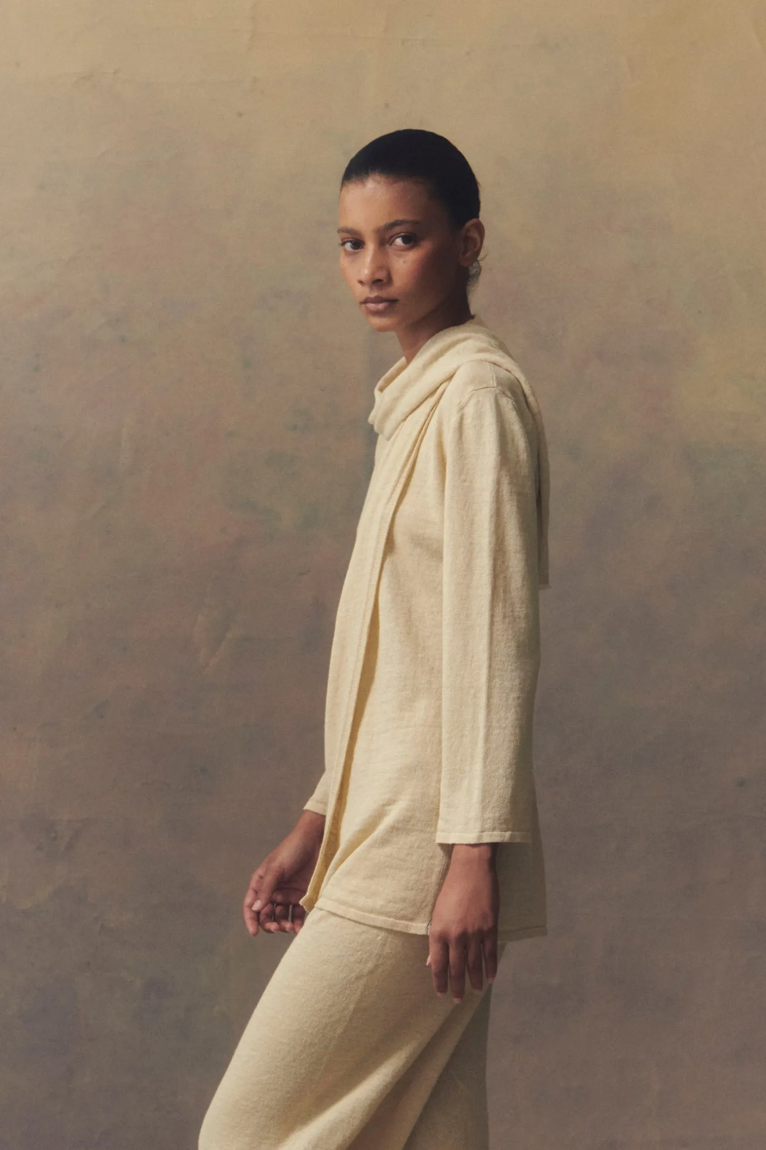 Botanica, wrap top in ecru linen knit
