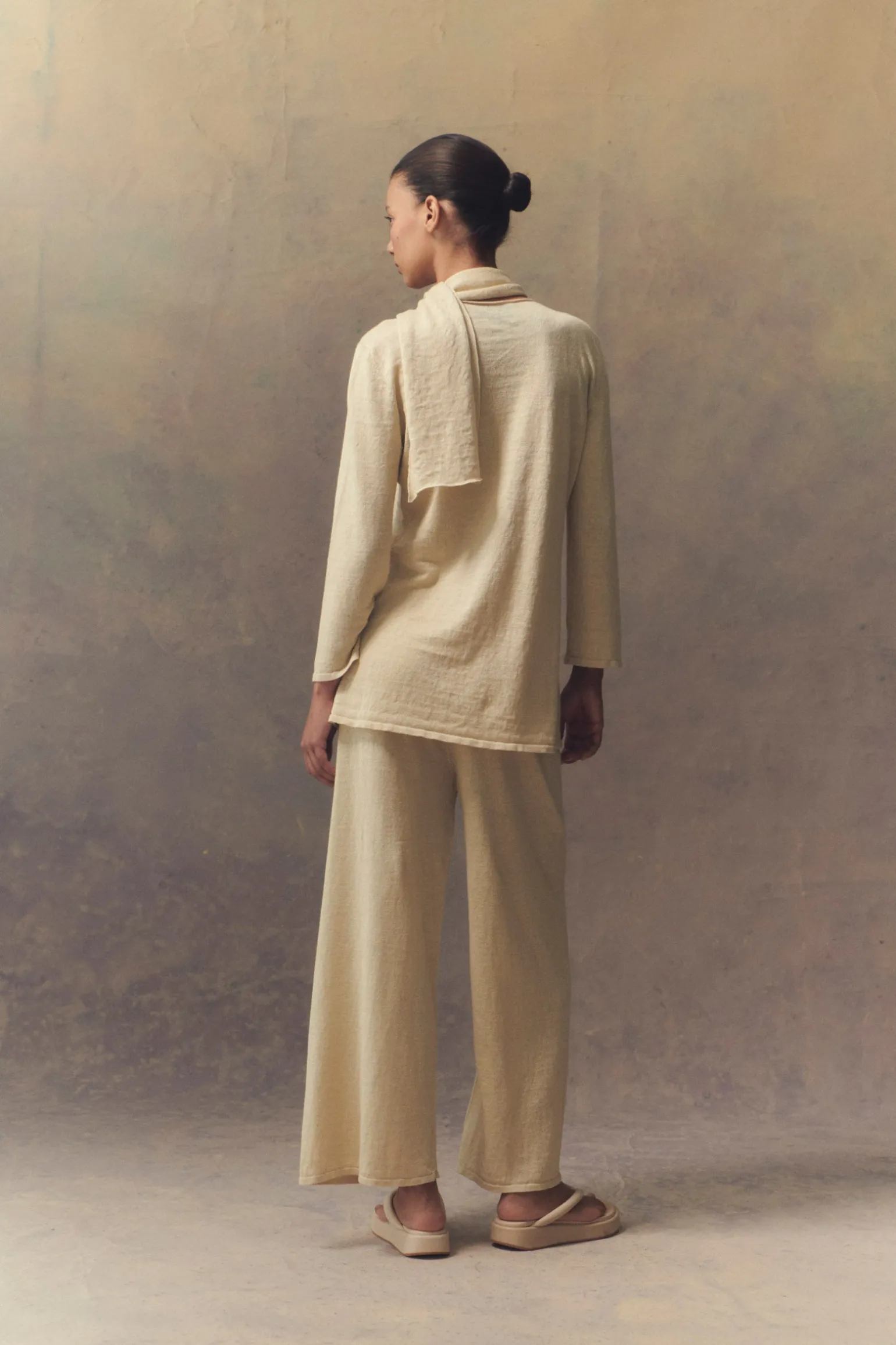 Botanica, wrap top in ecru linen knit