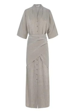 Cleo, green striped linen and silk dress