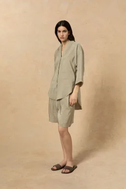 Cleo, green striped linen and silk shorts