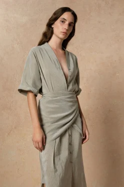 Cleo, green striped linen and silk dress