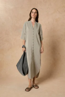 Cleo, green striped linen and silk dress