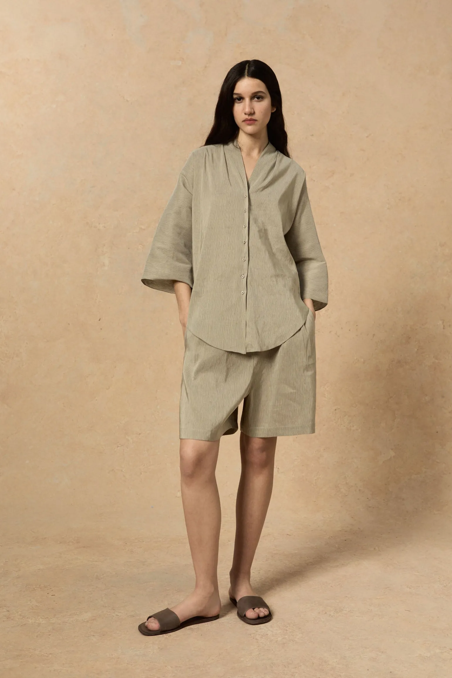 Cleo, green striped linen and silk shorts