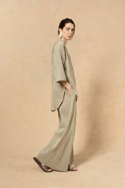 Cleo, green striped linen and silk pants