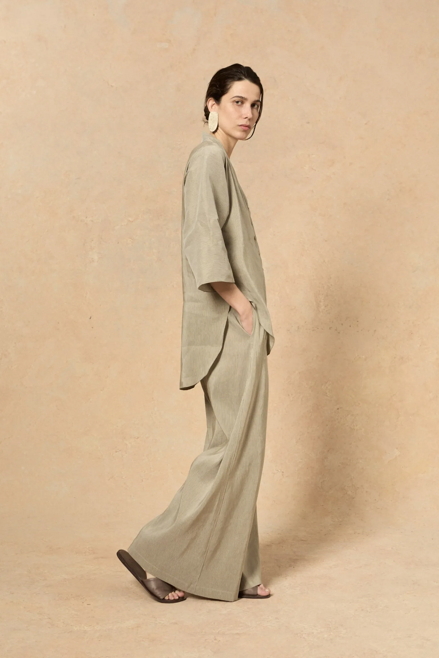 Cleo, green striped linen and silk pants