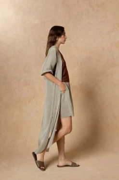 Cleo, green striped linen and silk dress