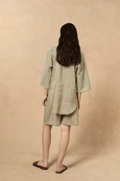 Cleo, green striped linen and silk shorts