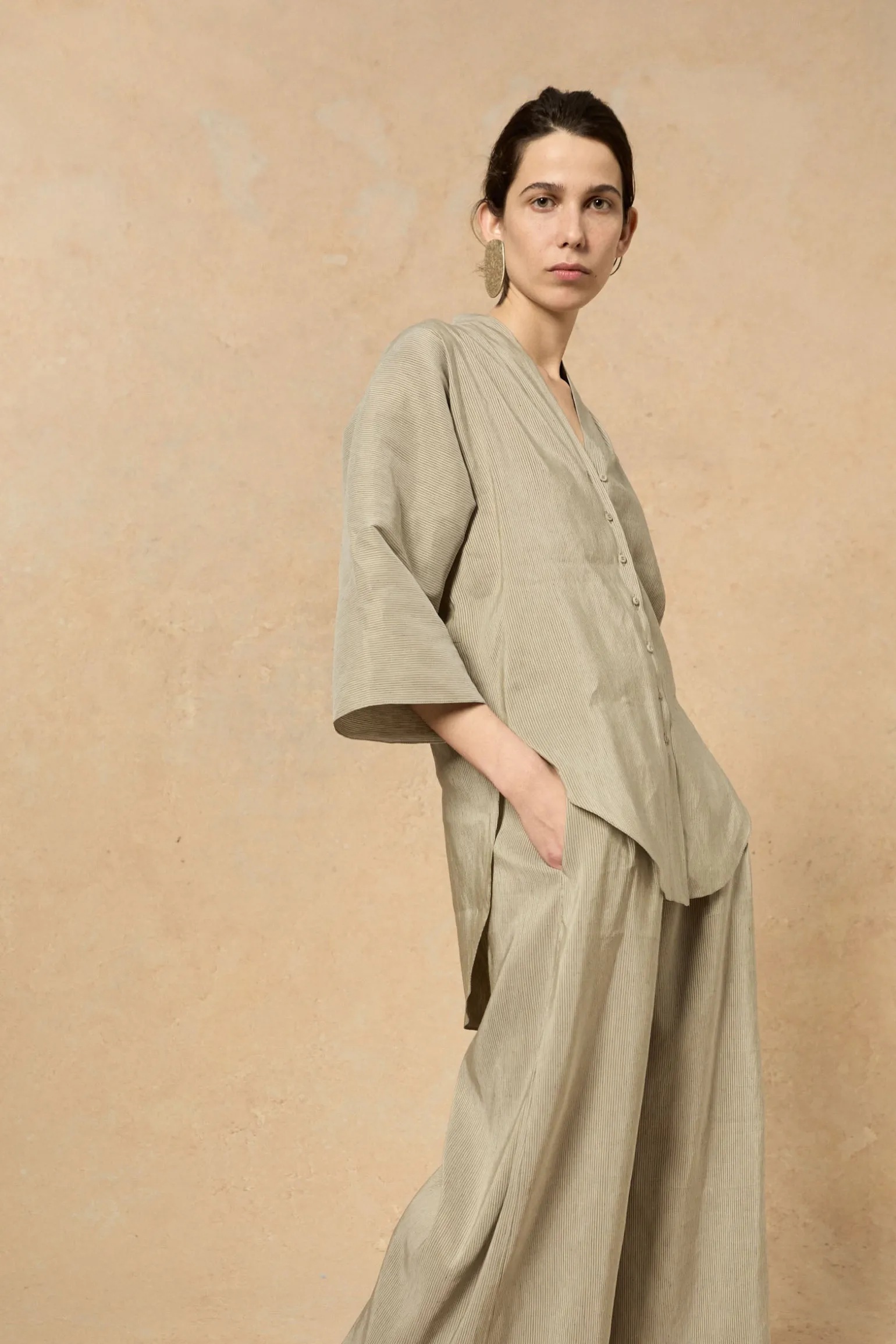 Cleo, green striped linen and silk pants