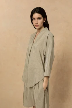 Cleo, green striped linen and silk shorts