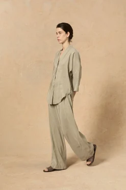 Cleo, green striped linen and silk pants