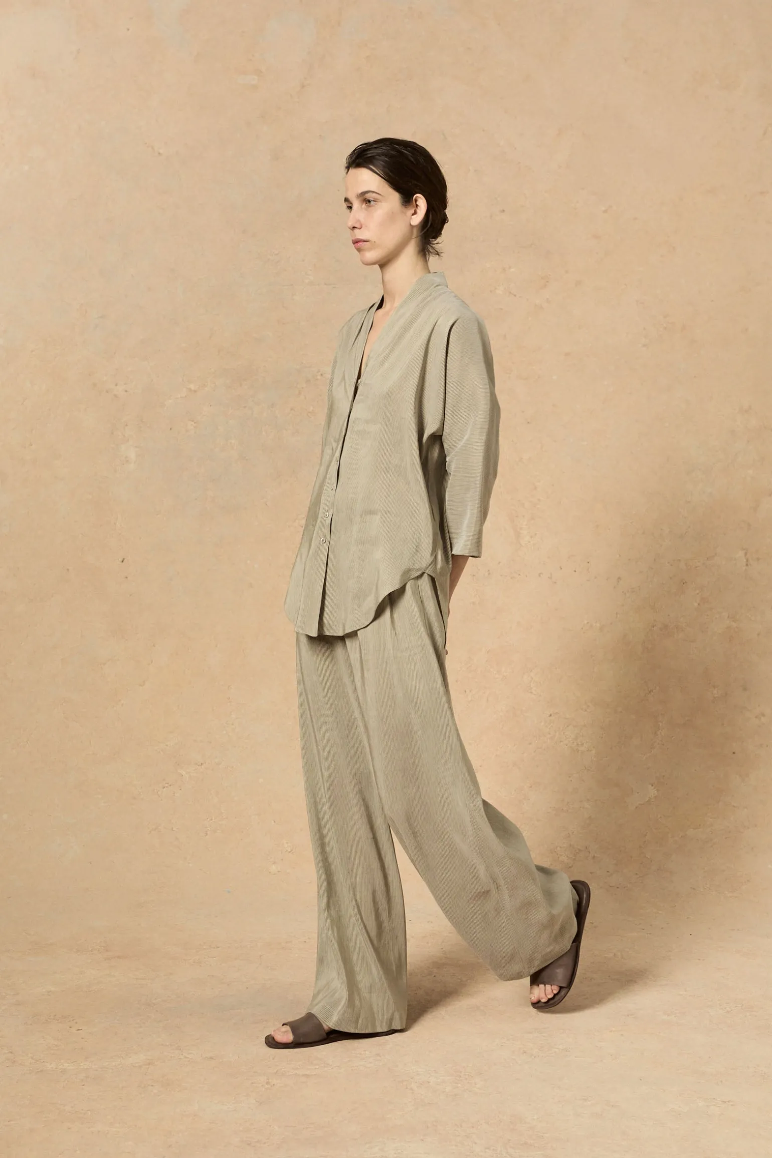 Cleo, green striped linen and silk pants