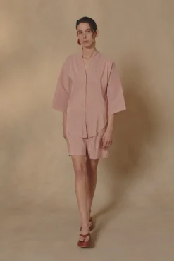 Cleo, red striped linen and silk shorts