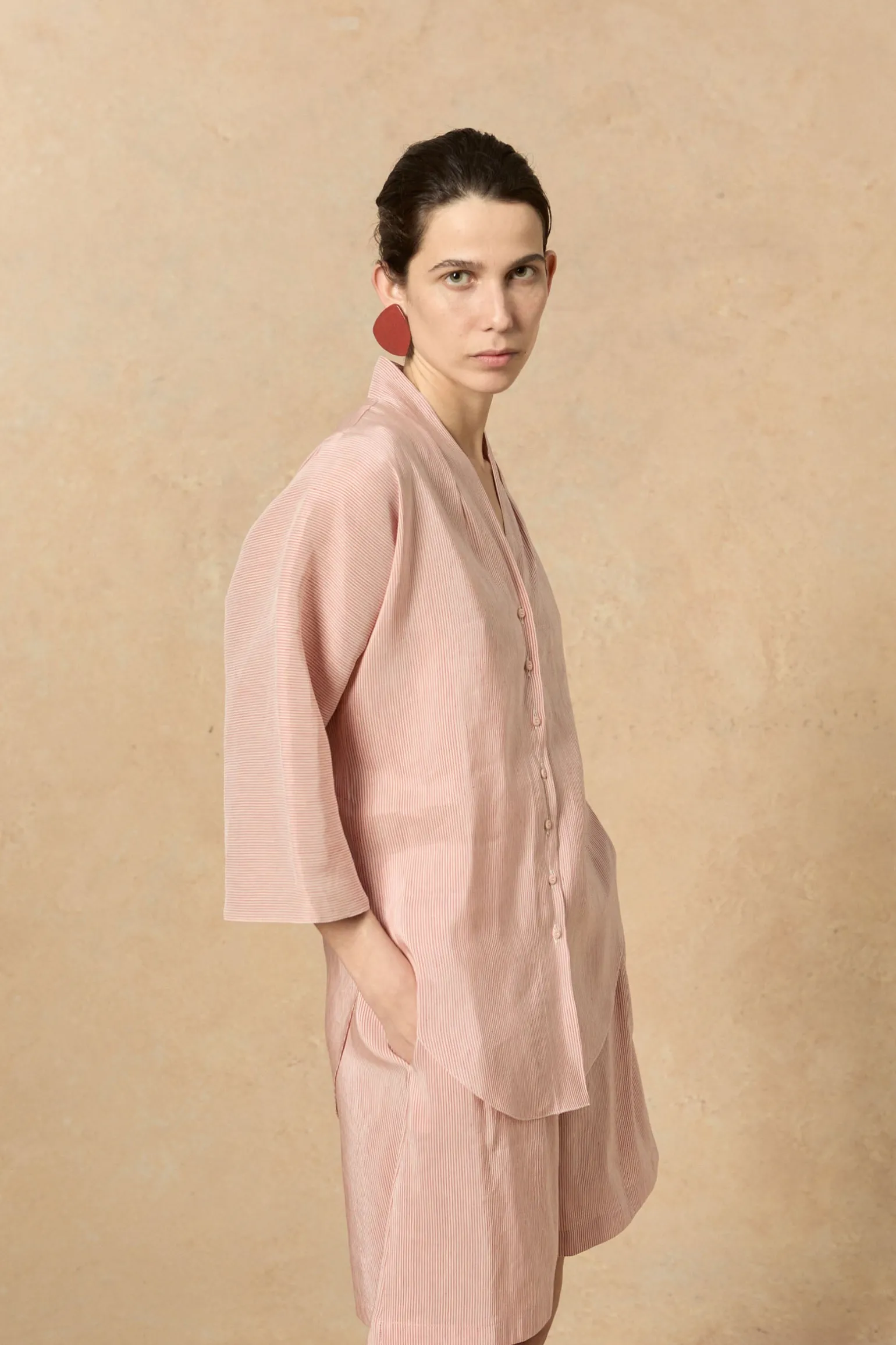 Cleo, red striped linen and silk shorts