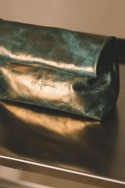 Delhi S, turquoise bronze leather clutch