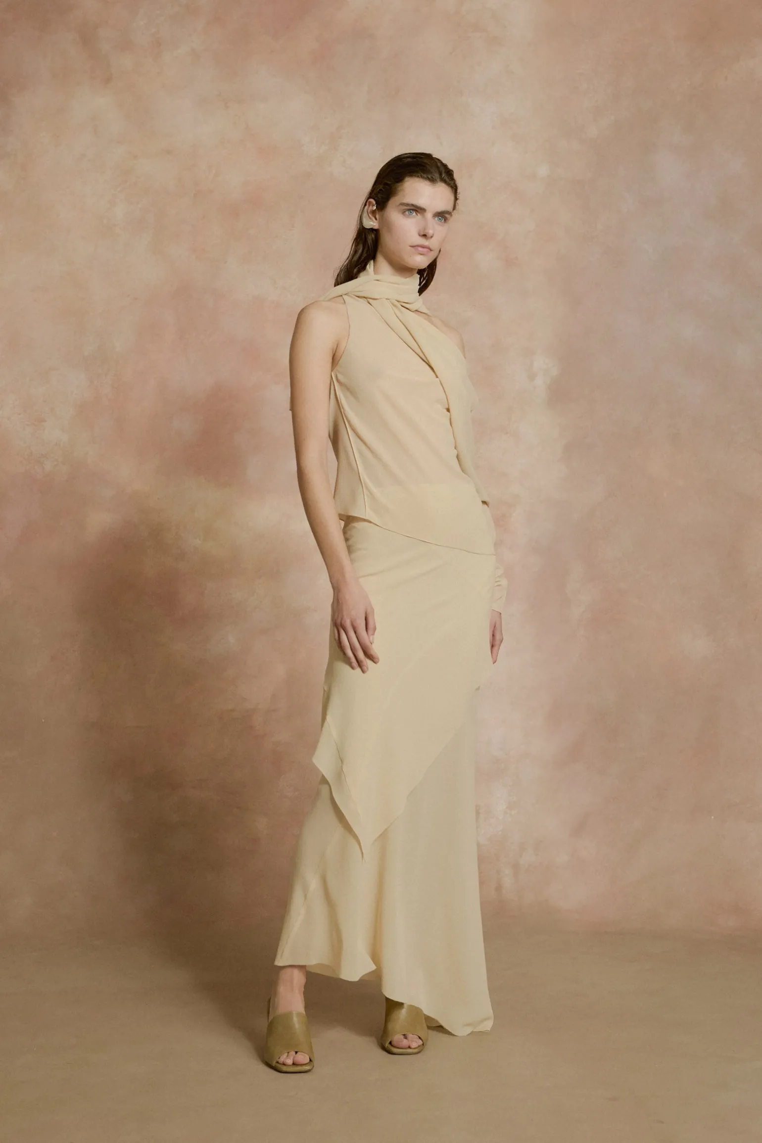 Dora, long skirt in beige silk georgette