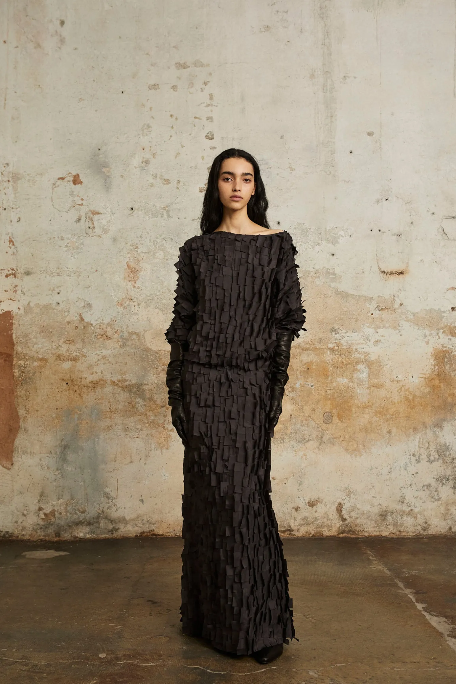 Epica, long silk skirt with a feathered effect