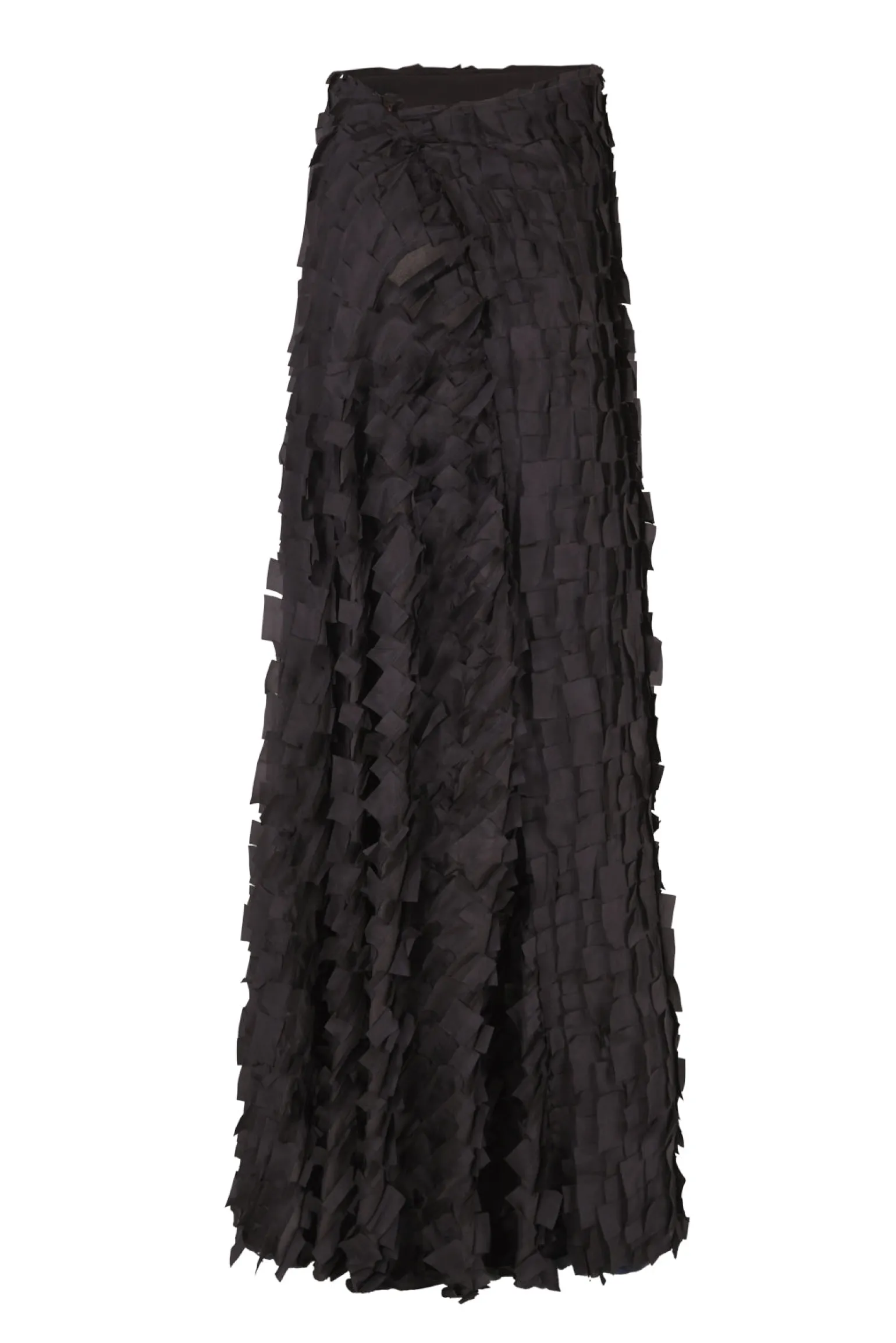 Epica, long silk skirt with a feathered effect