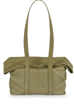 Folded, green leather bag