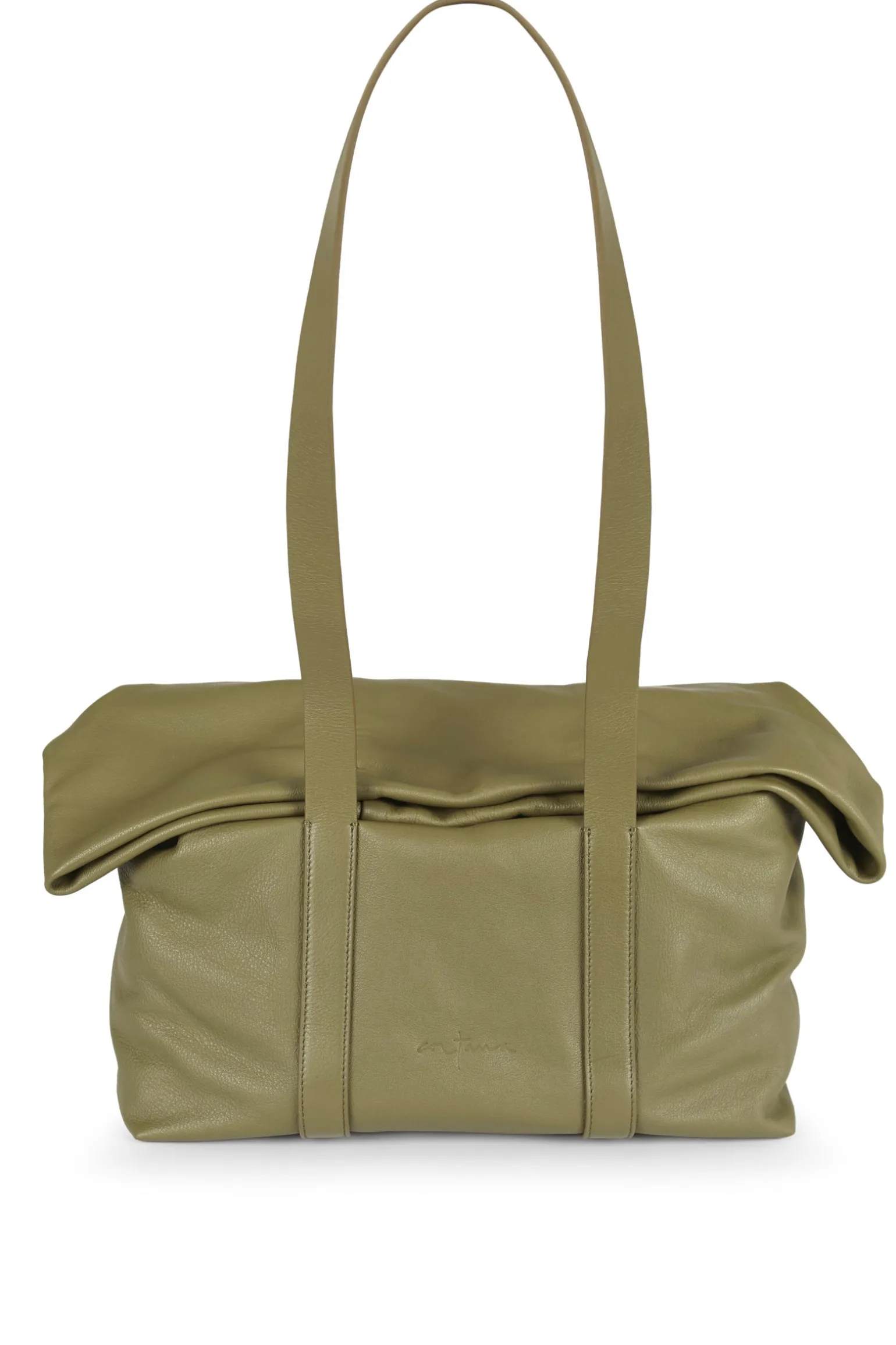 Folded, green leather bag