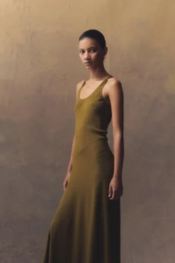 Georgia, long dress in moss green silk