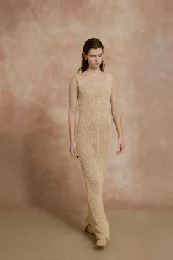 Hanami, long beige cotton knit dress