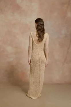 Hanami, long beige cotton knit dress