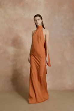 Irena, orange silk crepe halter dress
