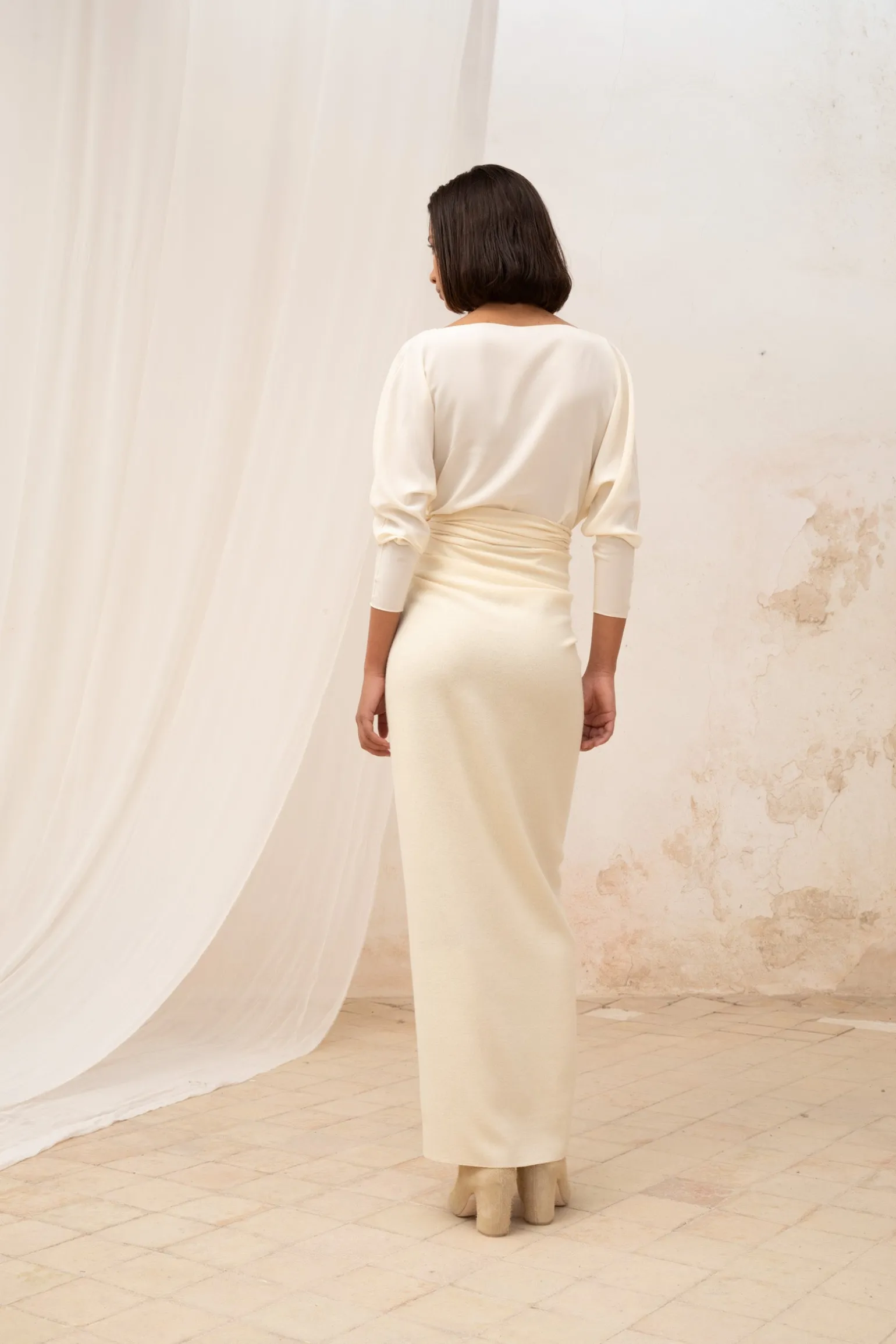 Jackie, ivory yak wool sarong skirt
