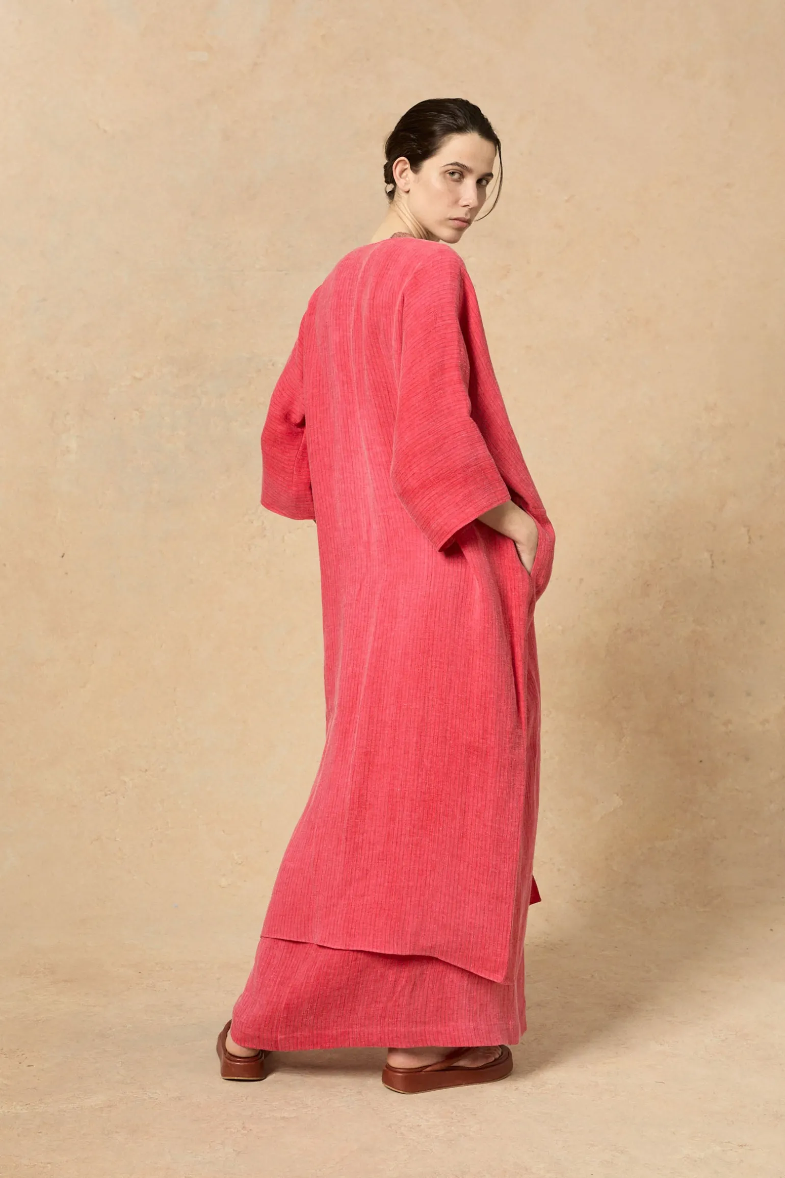 Lupe, pink striped maltinto linen coat