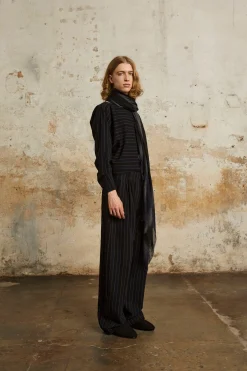 Marc, blue and black striped scarf in cashmere and silk