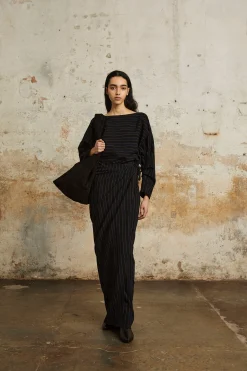 Marcel, blue striped skirt in linen and wool
