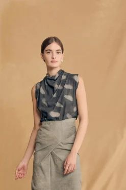 Menta, mint print stretch silk top
