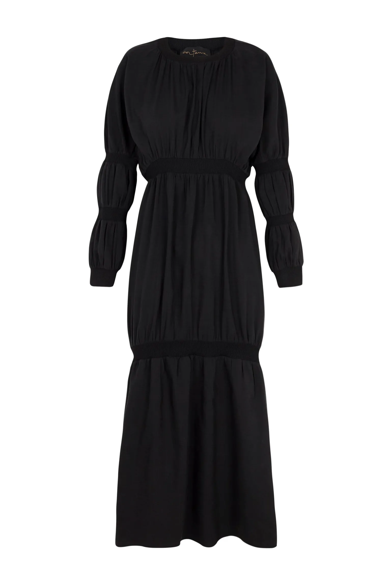 Morgan, dress in smoke gray linen and silk