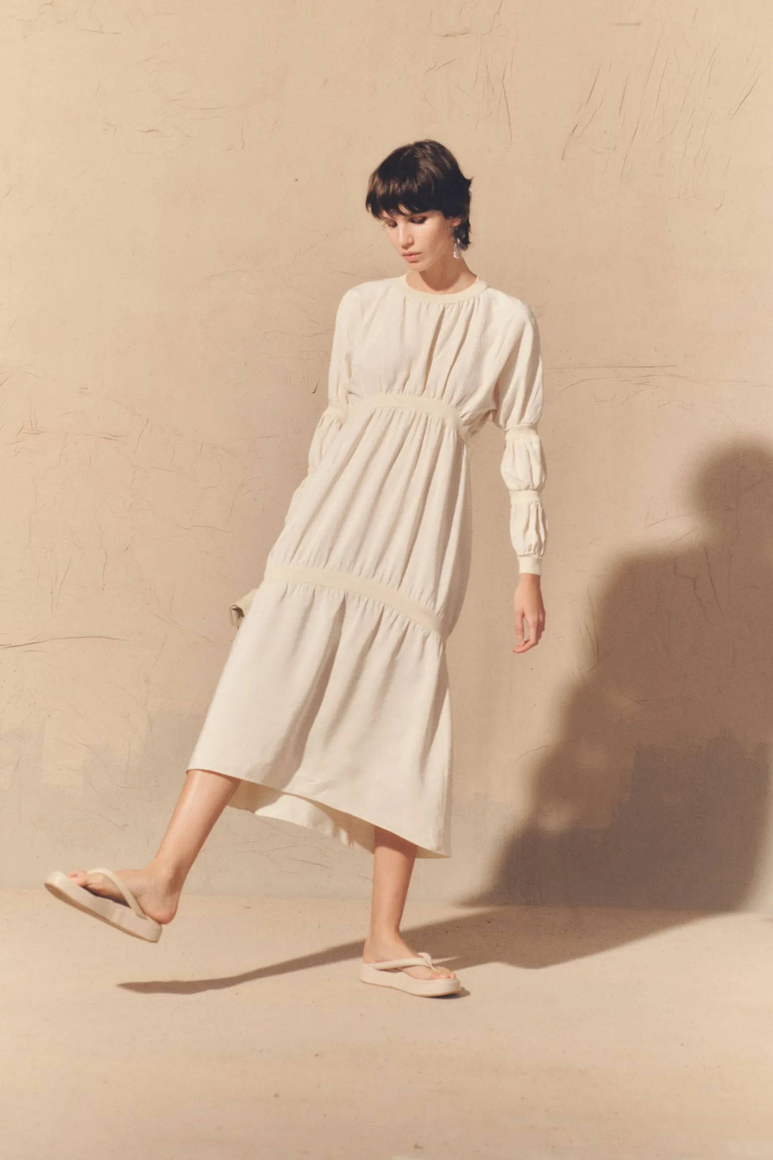 Morgan, dress in smoke gray linen and silk