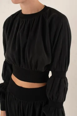 Morgan, smoke gray linen and silk crop top