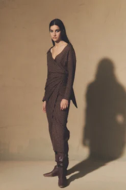 Norima, burgundy checked wrap dress