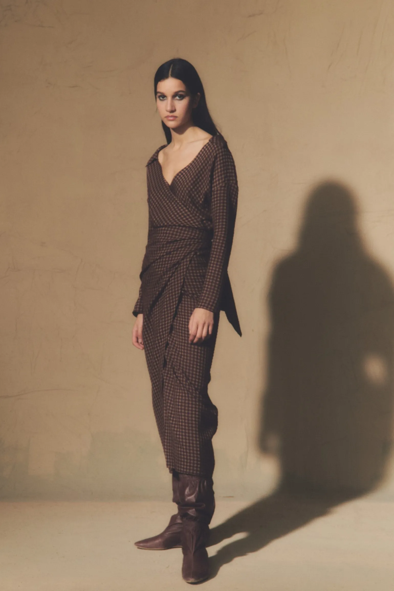 Norima, burgundy checked wrap dress