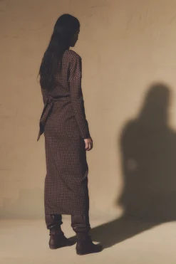 Norima, burgundy checked wrap dress